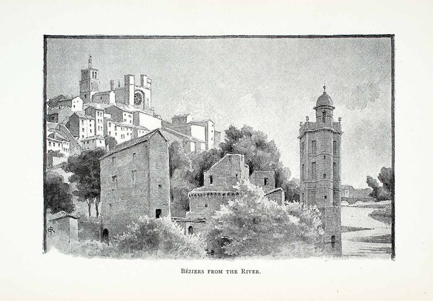 1891 Halftone Print Beziers Langueduc Cityscape Bluff River Orb Cathedral XGIA7