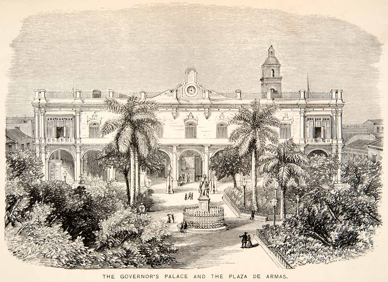 1871 Wood Engraving Cuba Governor Palace Plaza Armas Courtyard Square XGIB3