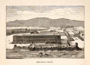 1871 Wood Engraving Royal Prison Havana Cuba Jail Landscape Cityscape XGIB3