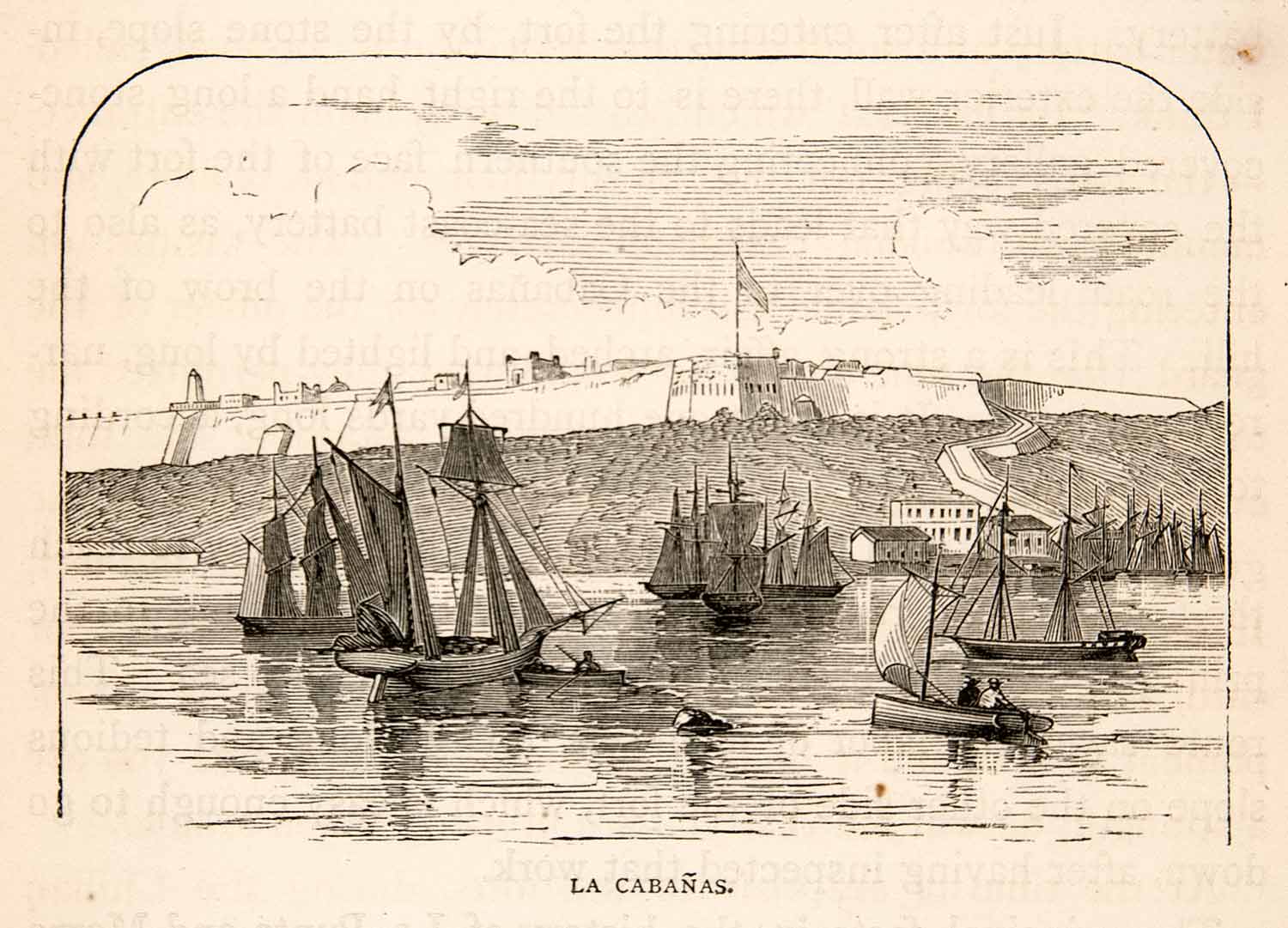 1871 Wood Engraving La Cabanas Havana Cuba Fort Dock Harbor Saint Charles XGIB3