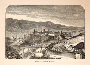 1871 Wood Engraving Cobre Copper Mine Cuba Quarry Landscape Cityscape XGIB3