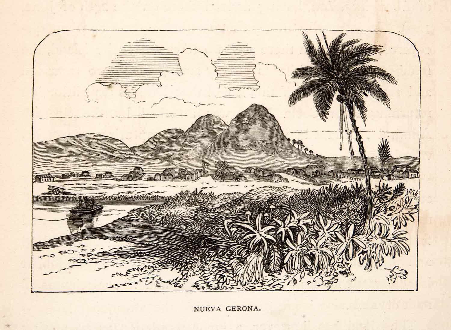 1871 Wood Engraving Cuba Nueva Gerona Island Beach Mountain Sea Shore XGIB3