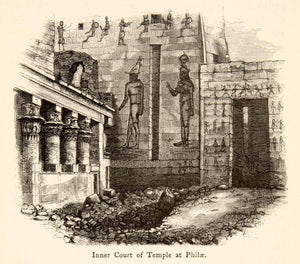 1864 Wood Engraving Philae Temple Complex Ancient Egypt Hieroglyphics XGIB9