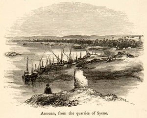 1864 Wood Engraving Assuan Assouan Aswan Egypt Nile River Quarry Syene XGIB9