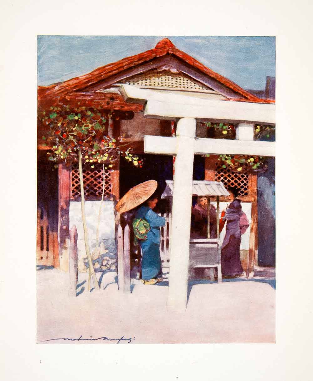 1905 Color Print Mortimer Menpes Oriental Art Japanese Umbrella Temple XGIC2