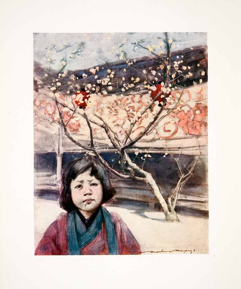 1905 Color Print Mortimer Menpes Oriental Art Japanese Child Botanical XGIC2