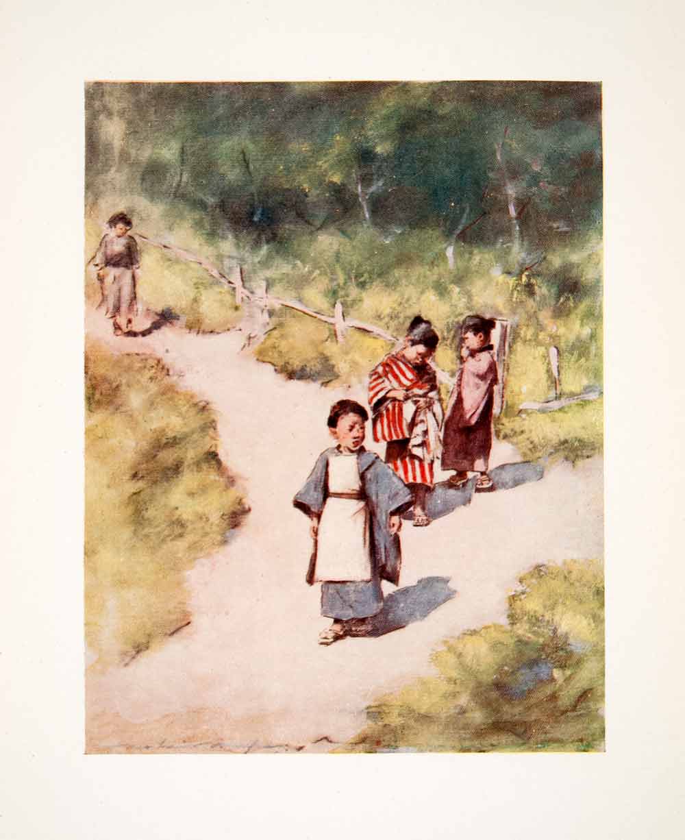 1905 Color Print Mortimer Menpes Oriental Art Japanese Children Walk Path XGIC2
