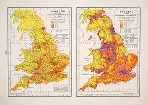 1947 Lithograph Population Density Maps England Industrial Revolution XGIC7