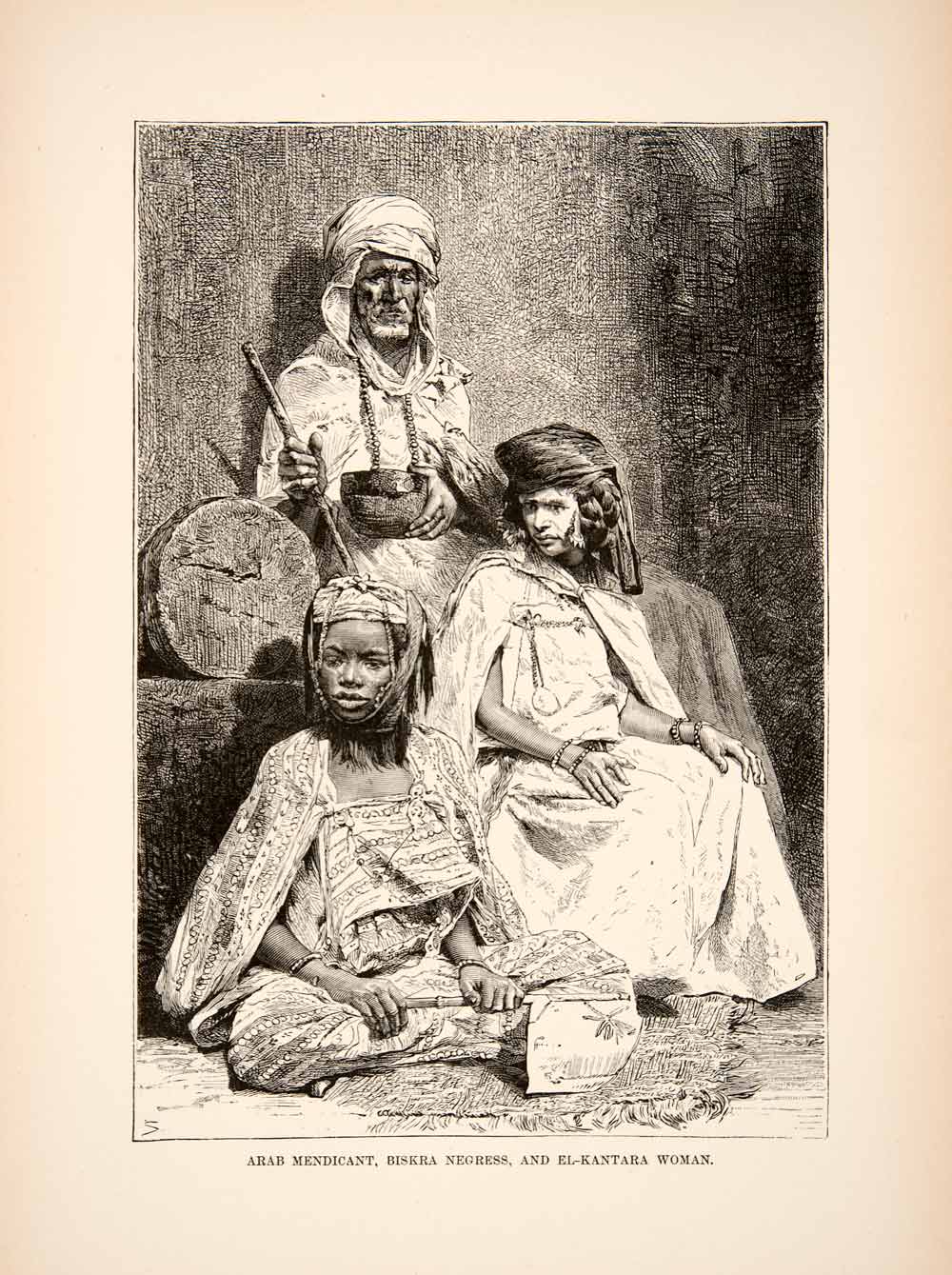 1893 Wood Engraving (Photoxylograph) Arab Mendicant Biskra El-Kantara XGIC8