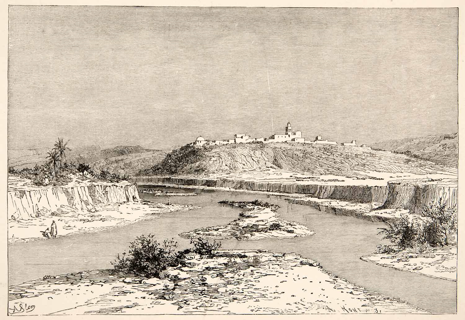 1893 Wood Engraving Mejerda River Slugia Mejez-El_Bab Tunisia Cityscape XGIC8