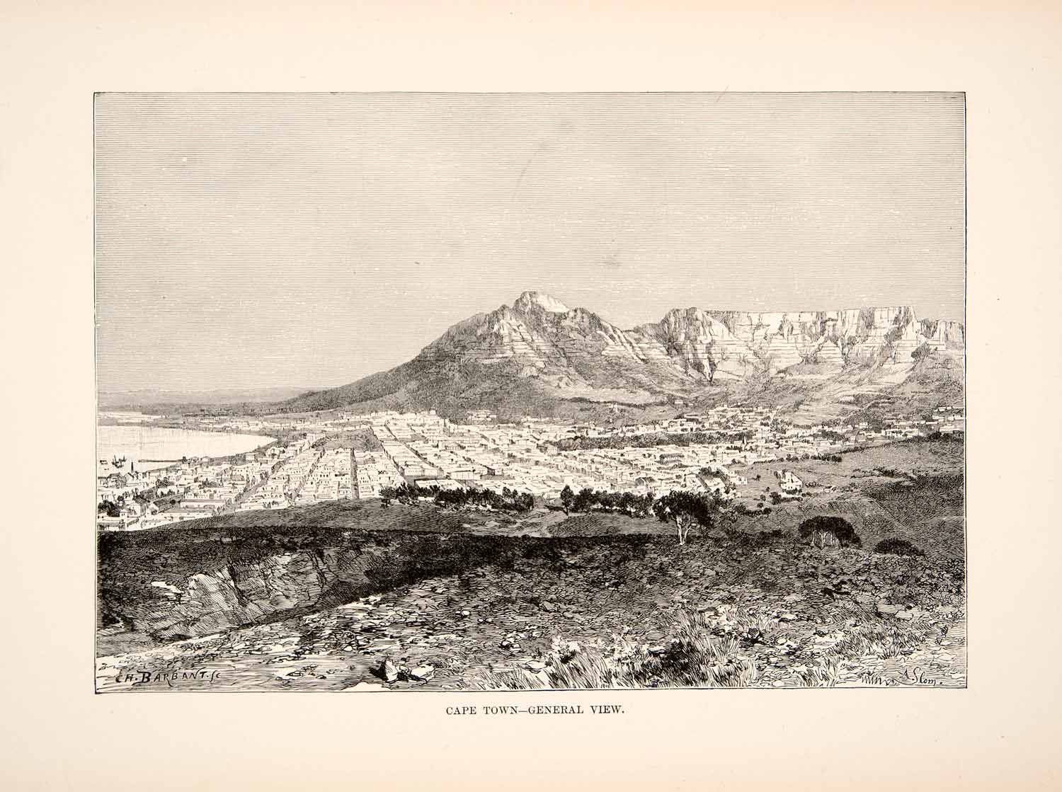 1890 Wood Engraving (Photoxylograph) Cityscape Cape Town Africa Mountains XGIC9