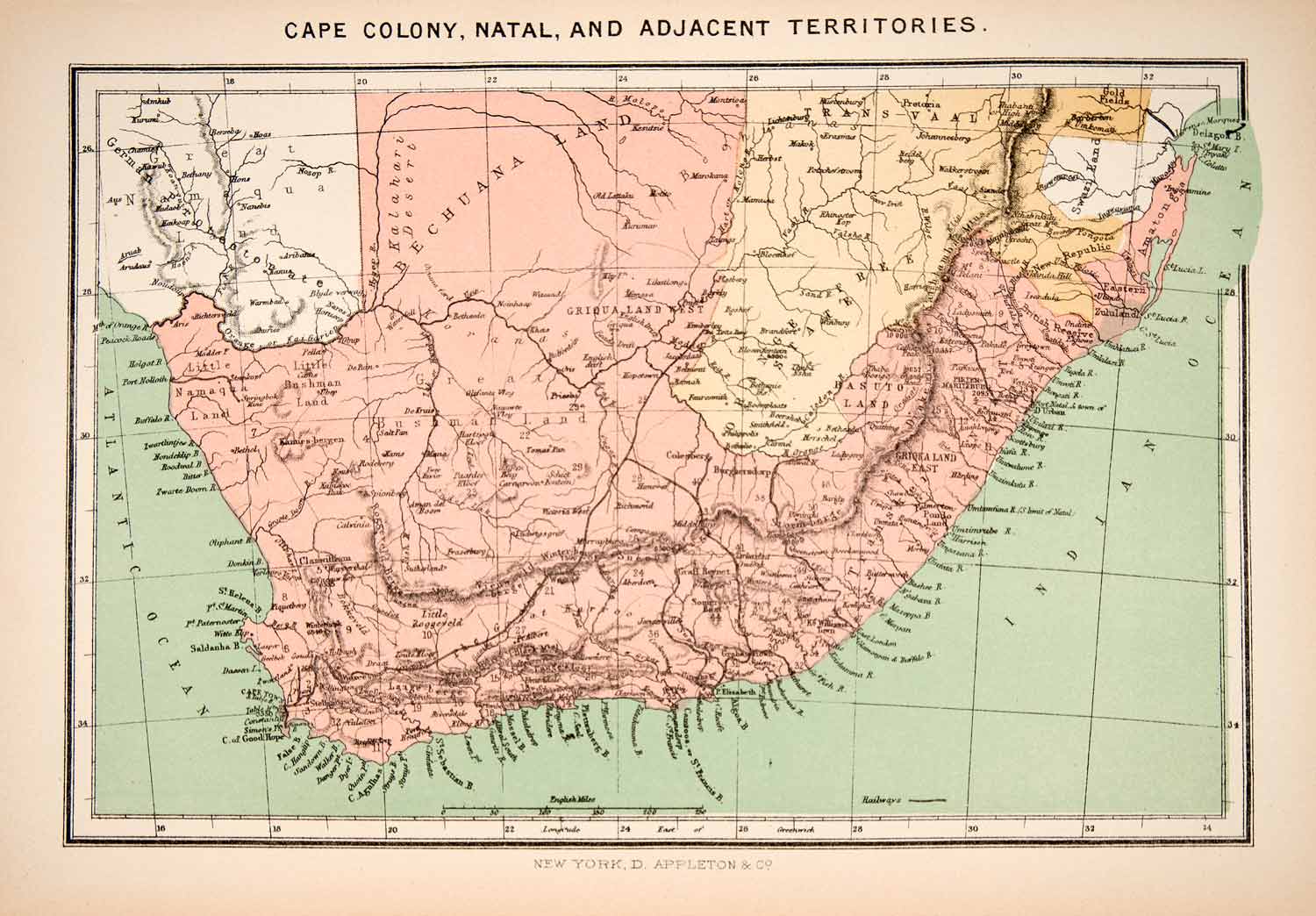 1890 Lithograph Cape Colony Natal Territories Indian Ocean Atlantic XGIC9