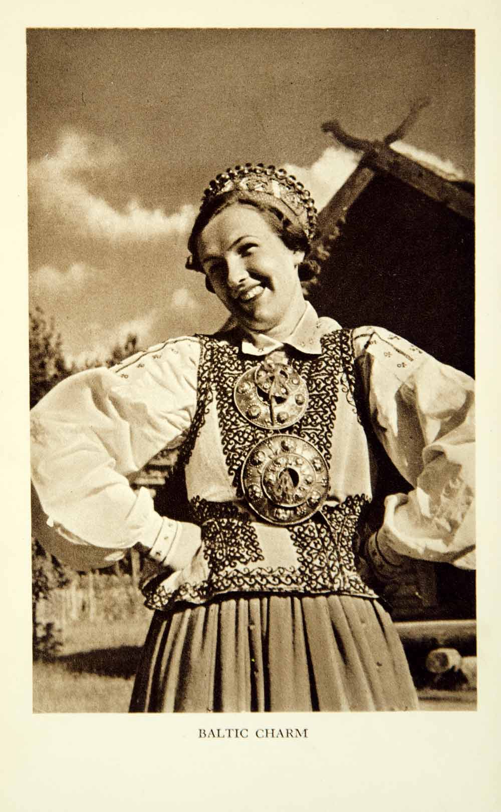 1938 Photogravure Portrait Baltic European Woman Folk Costume Ethnic XGID2