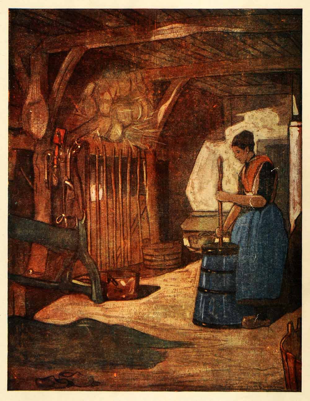 1913 Print Nico Jungmann Art Holland Farmers Wife Churning Butter Dairy XGJ2