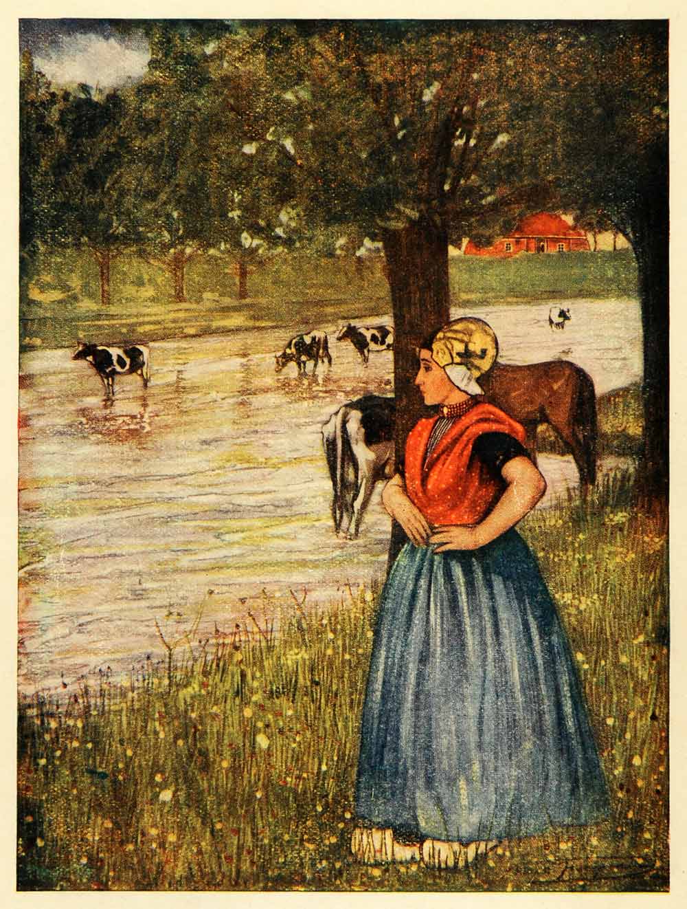 1913 Print Nico Jungmann Art Dutch Woman Farm Cattle Cows Agriculture XGJ2