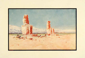 1910 Print Colossi Memnon Ancient Egyptian Pharaoh Sculptures Lamplough Art XGJ4