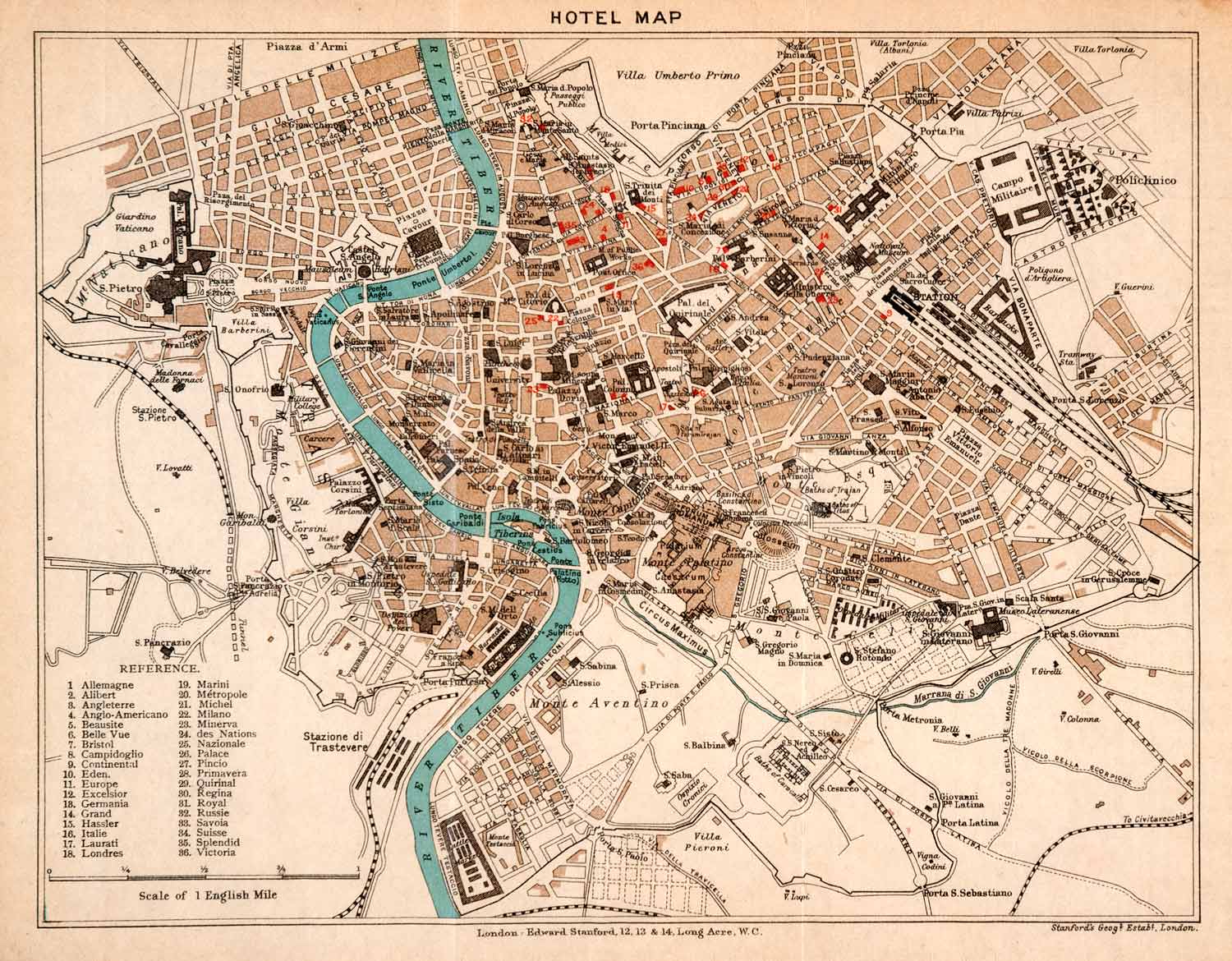 1908 Lithograph Map Plan Rome Vatican River Tiber Italy Circus Maximus XGJA5