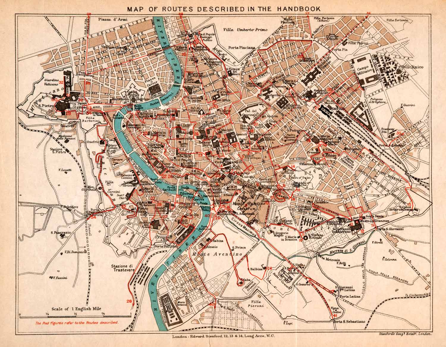 1908 Lithograph Map Rome Italy Route Vatican City Tiber River Plan Diagram XGJA5