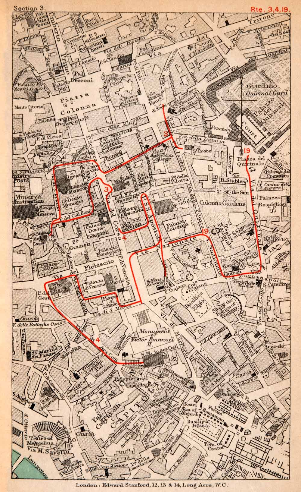 1908 Lithograph Map Plan Tourist Route Rome Italy Piazza Quirinale Via XGJA5
