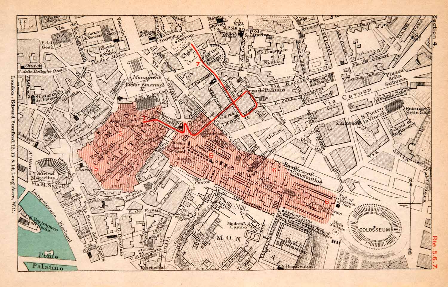 1908 Lithograph Map Plan Capitolinus Ponte Palatino Colosseum Rome Ita ...