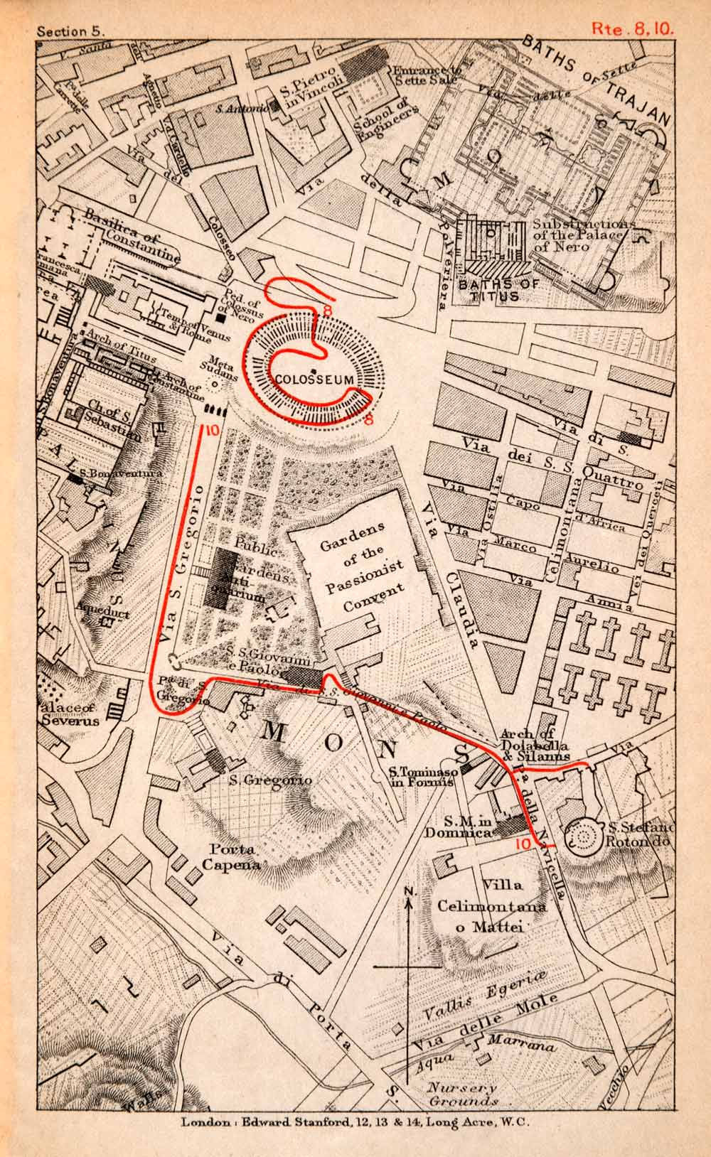 1908 Lithograph Map Plan Rome Italy Colosseum Rotunda Baths Trajan Arch XGJA5