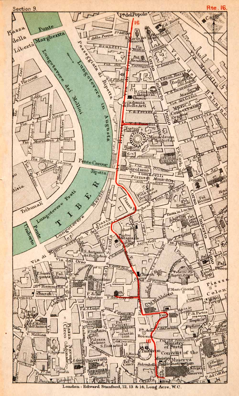 1908 Lithograph Map Plan Rome Italy Piazza Popolo Pantheon Tiber River XGJA5