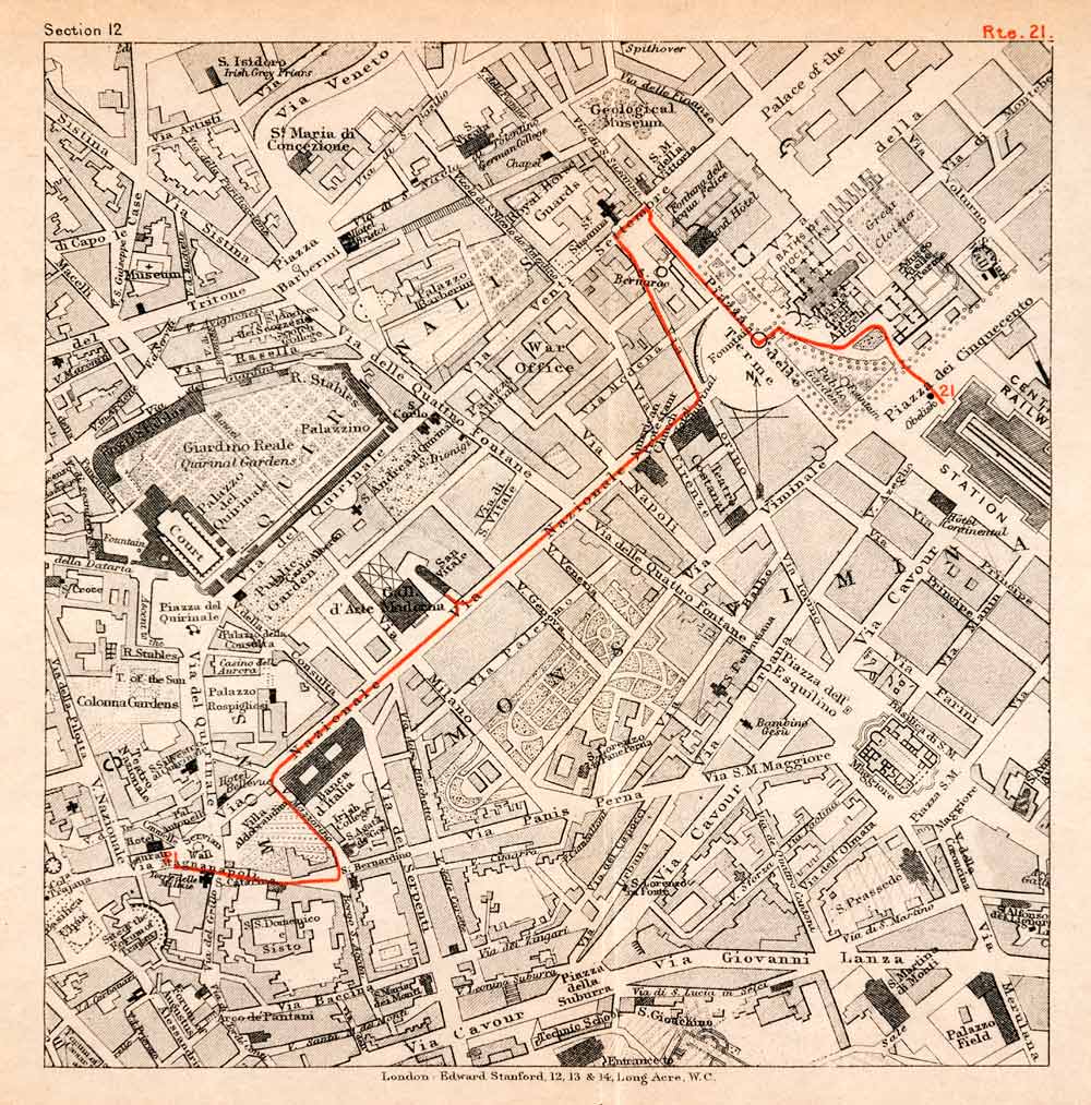 1908 Lithograph Map Rome Italy Central Railway Station Mons Vimina Tourist XGJA5