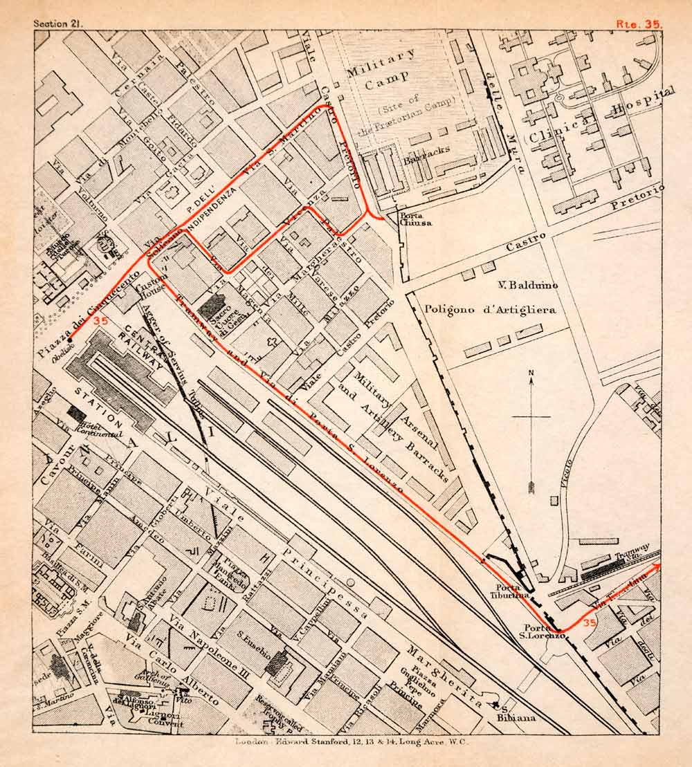 1908 Lithograph Map Rome Italy Plan Military Camp Central Railway Station XGJA5