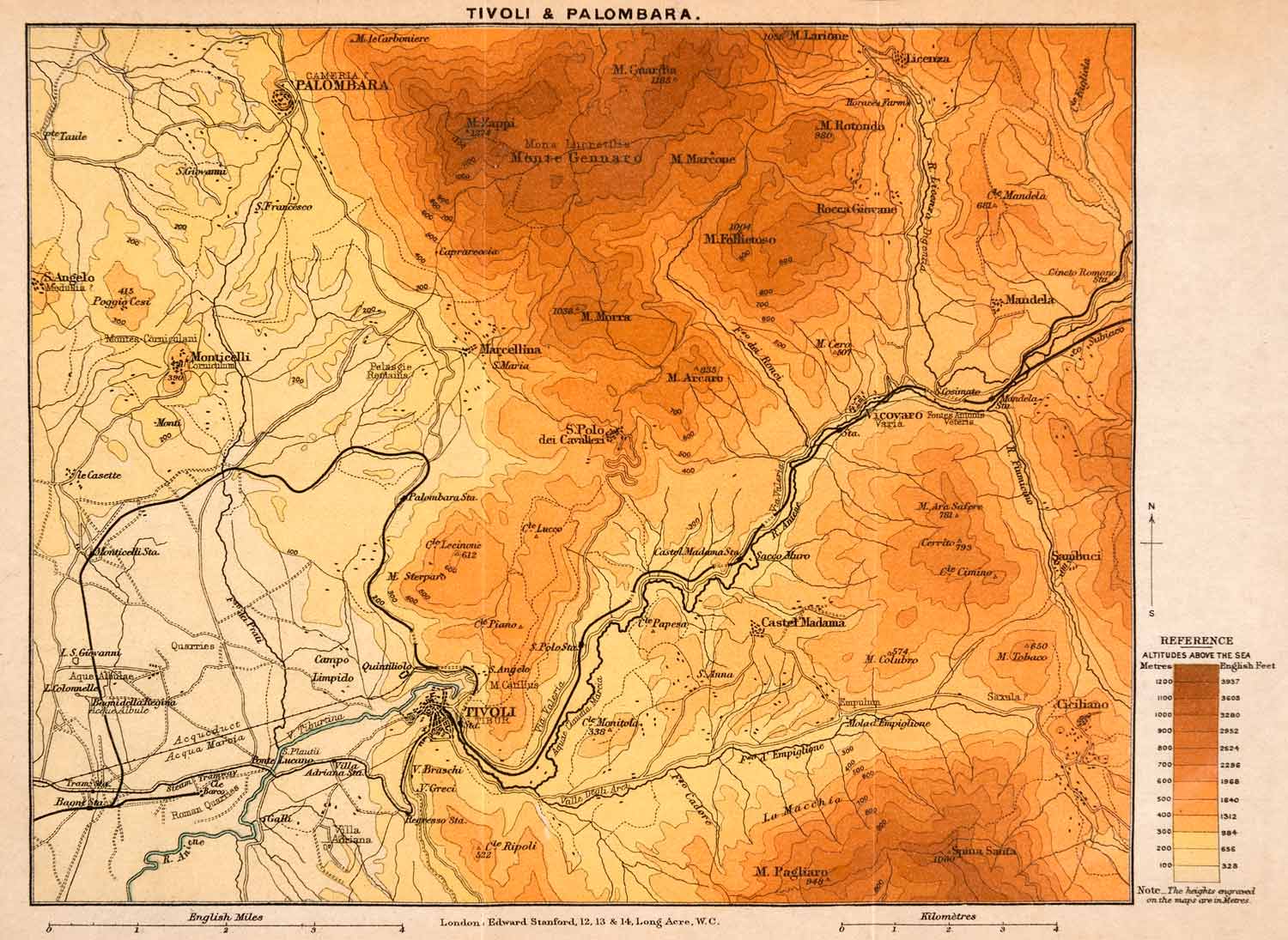 1908 Lithograph Map Altitude Tivoli Palombara Mount Gennaro Pagliaro XGJA5