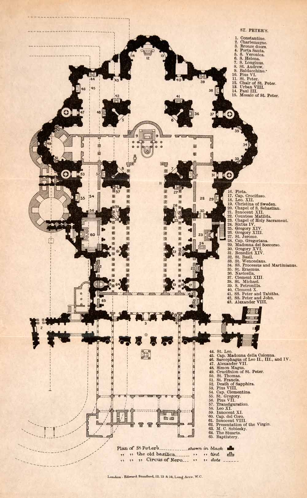 1908 Lithograph Map St Peters Basilica Floor Plan Diagram Rome Nero Circus XGJA5