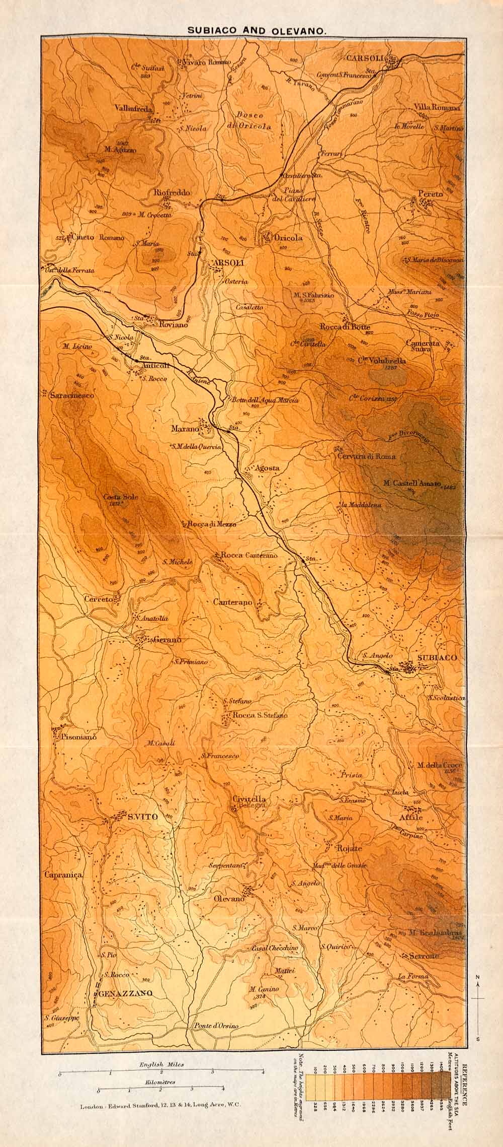 1908 Lithograph Map Subiaco Olevano Genazzano Arsoli Altitude Elevation XGJA5