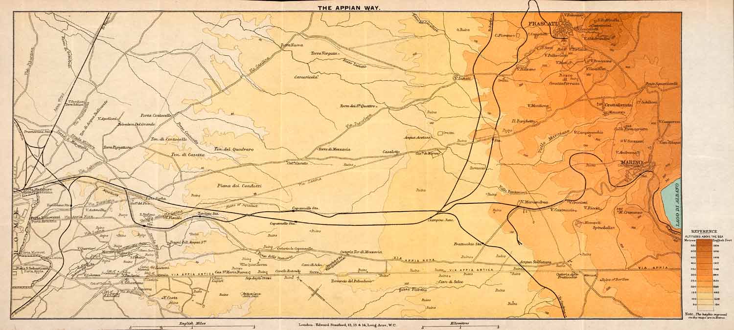 1908 Lithograph Map Appian Way Via Altitude Elevation Marino Frascati Rome XGJA5
