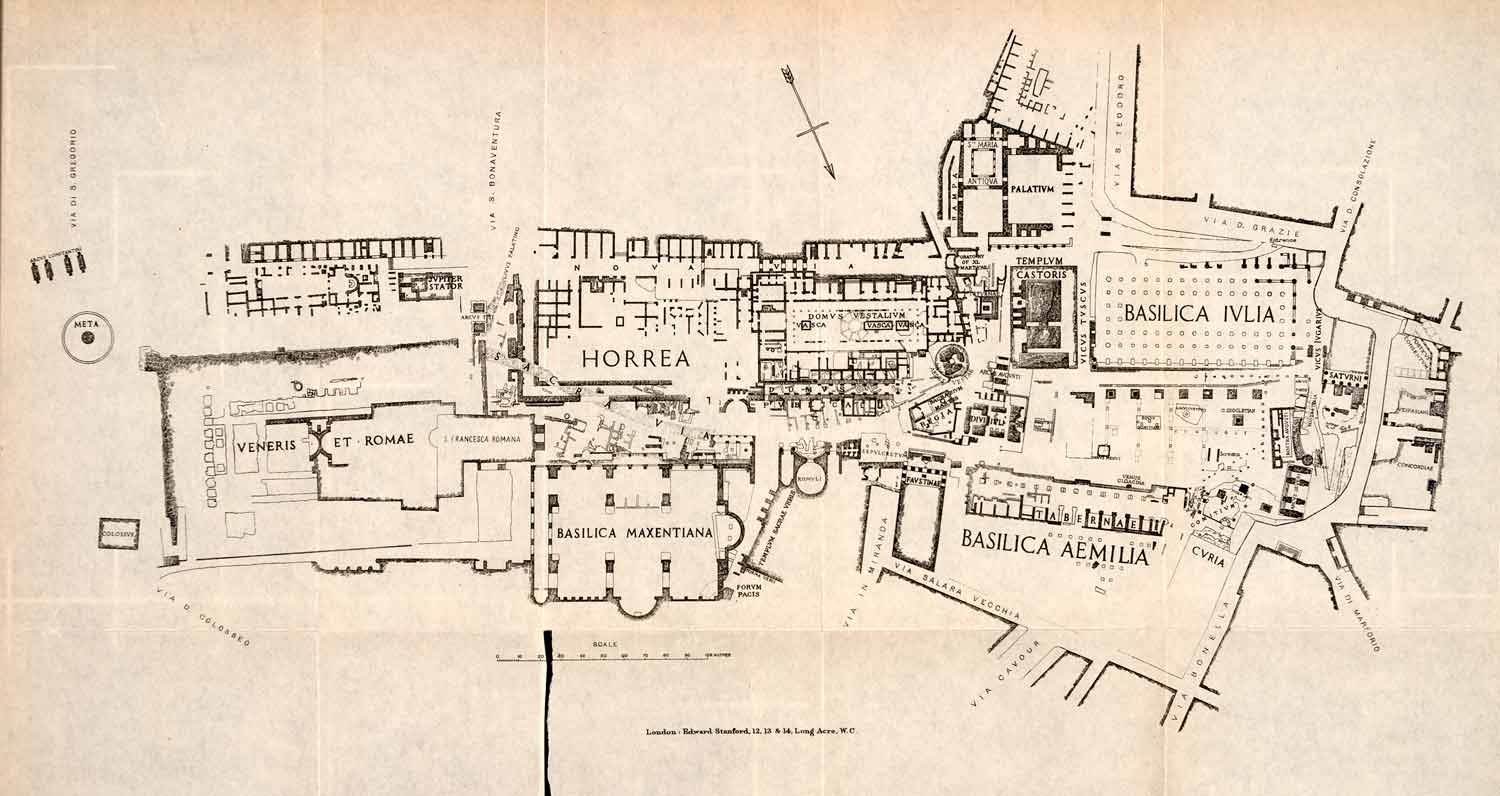 1908 Lithograph Roman Forum Italy Diagram Map Maxentius Basilica Temple XGJA5