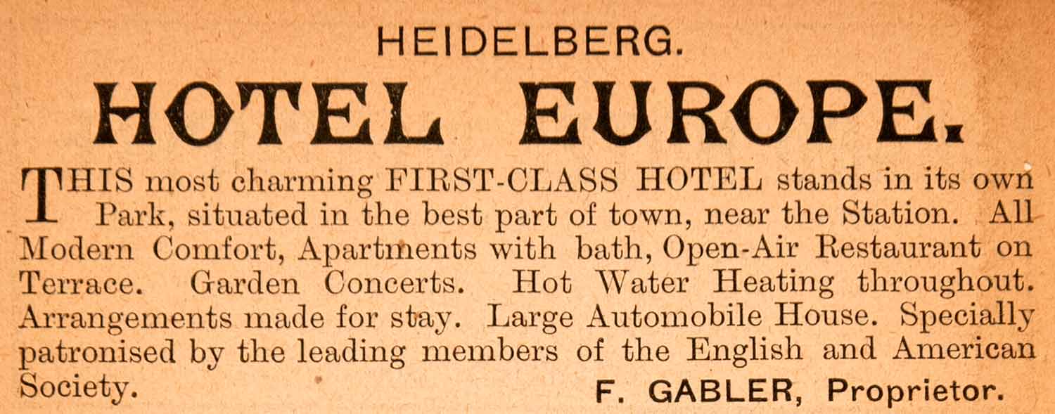 1908 Ad Hotel Europe Heidelberg Germany F Gabler Station Bergheim XGJA5