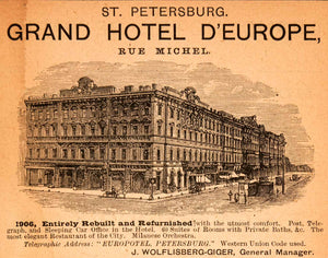 1908 Ad St Petersburg Grand Hotel E'Europe Rue Michel Wolflisberg-Giger XGJA5