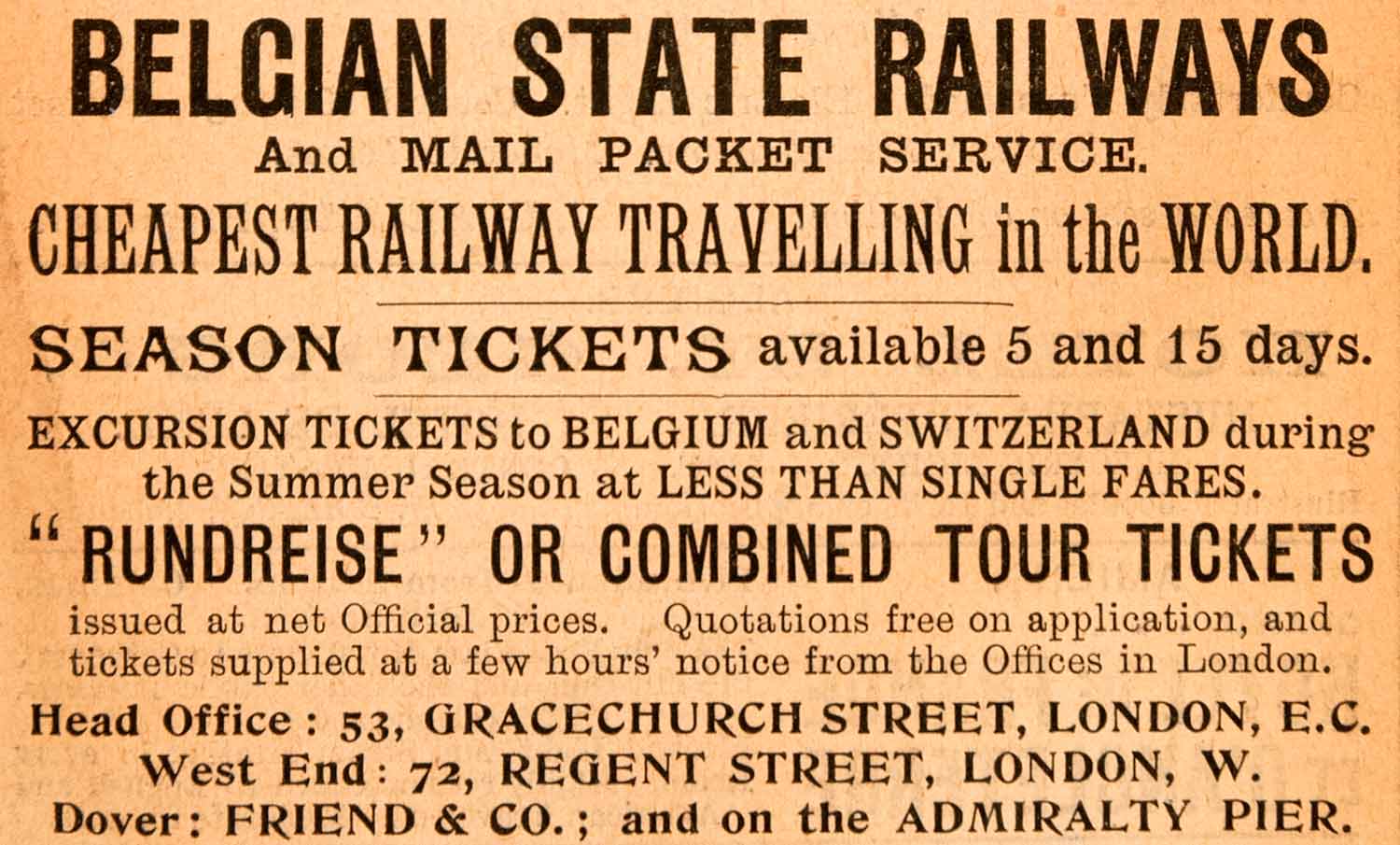1908 Ad Belgian State Railways Rundreise 53 Gracechurch St London Mail XGJA5