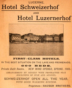 1908 Ad Lake Lucerne Hotel Schweizerhof Luzernerhof Hauser Brothers XGJA5