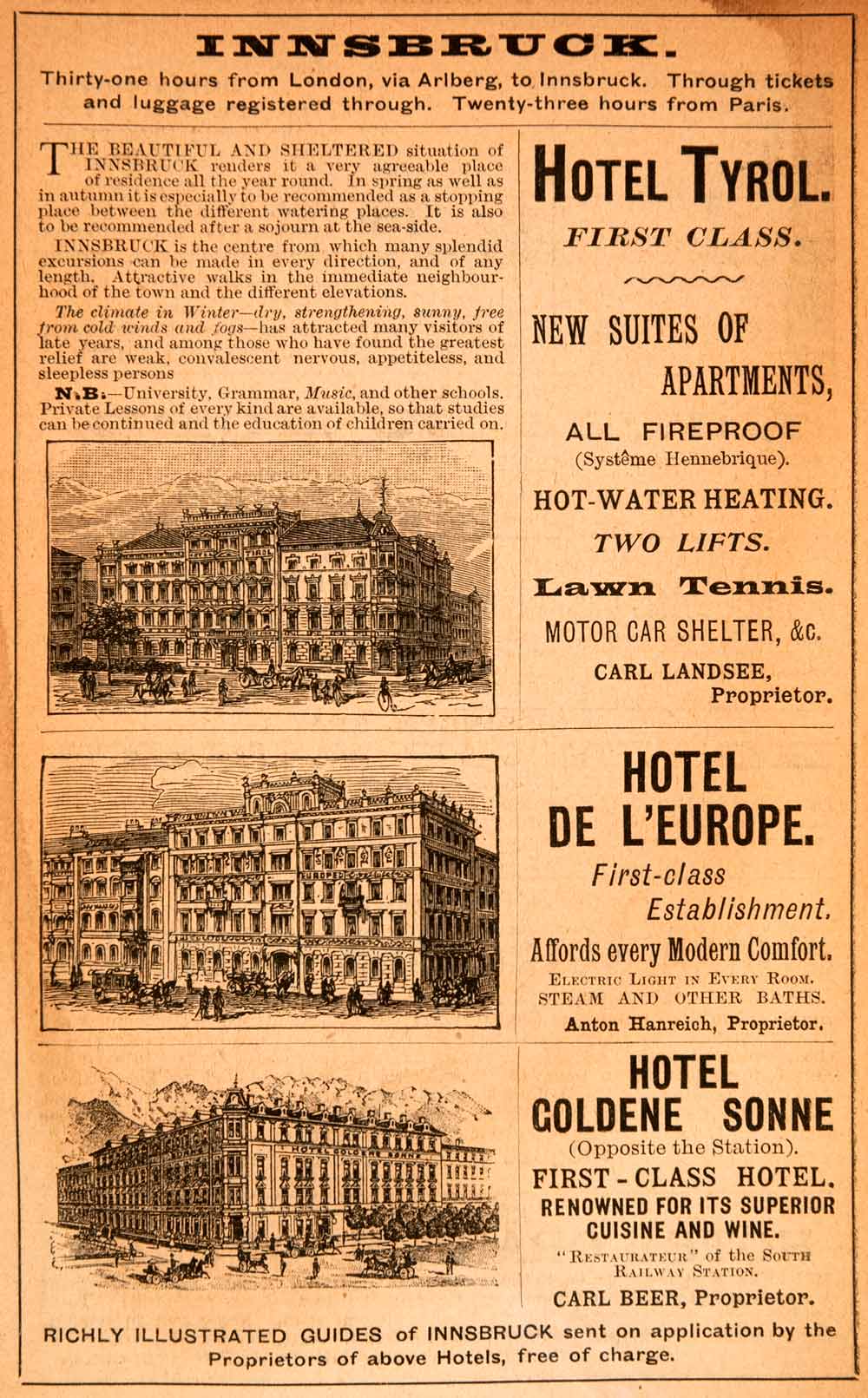 1908 Ad Innsbruck Hotel Tyrol Landsee D'Europe Hanreich Goldene Sonne XGJA5
