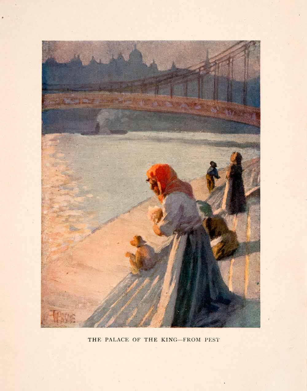 1908 Color Print William Pascoe Artwork King Palace Pest Hungary Bridge XGJA7