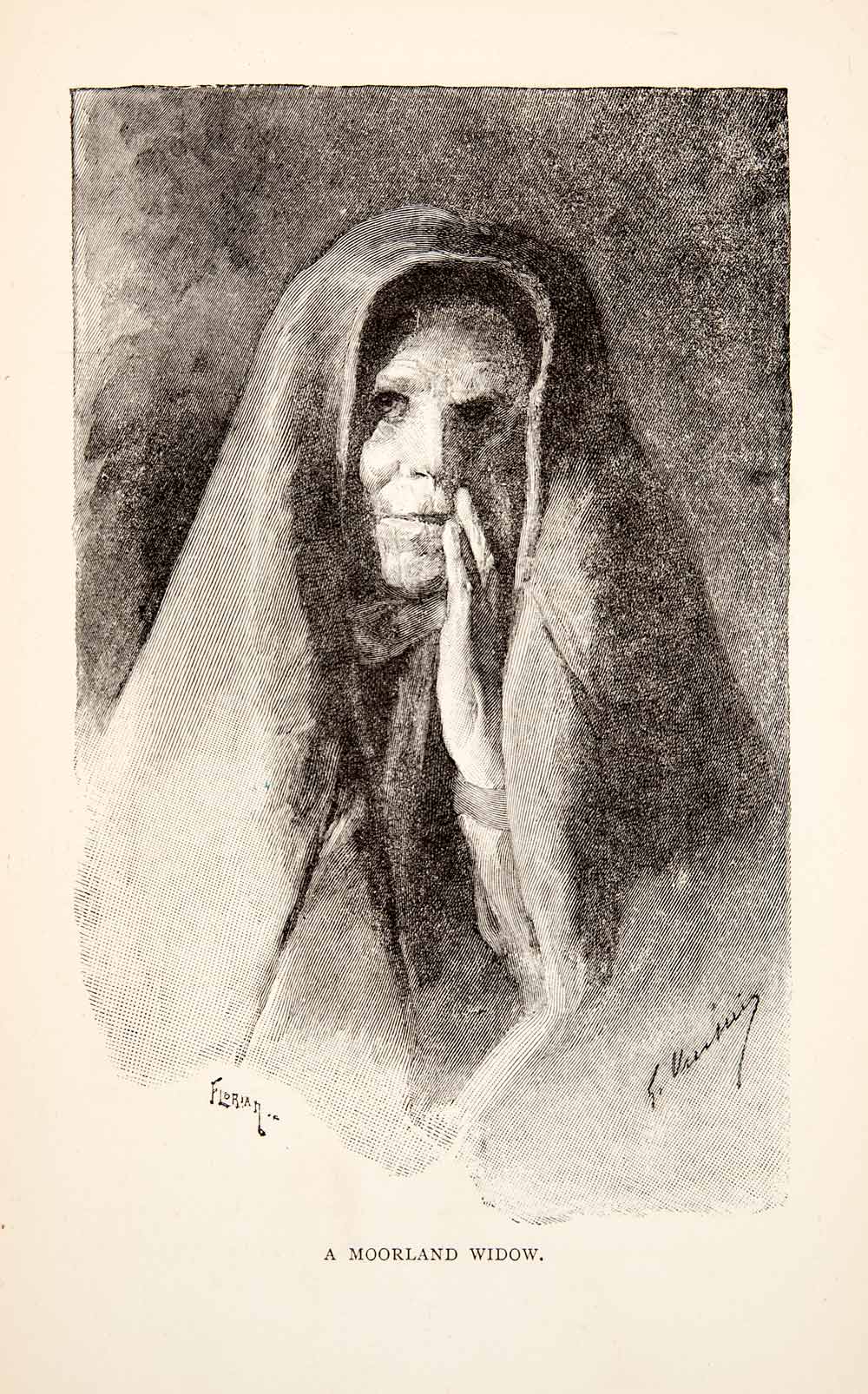1894 Wood Engraving Moorland Widow Guyenne France Costume Portrait Woman XGJA8