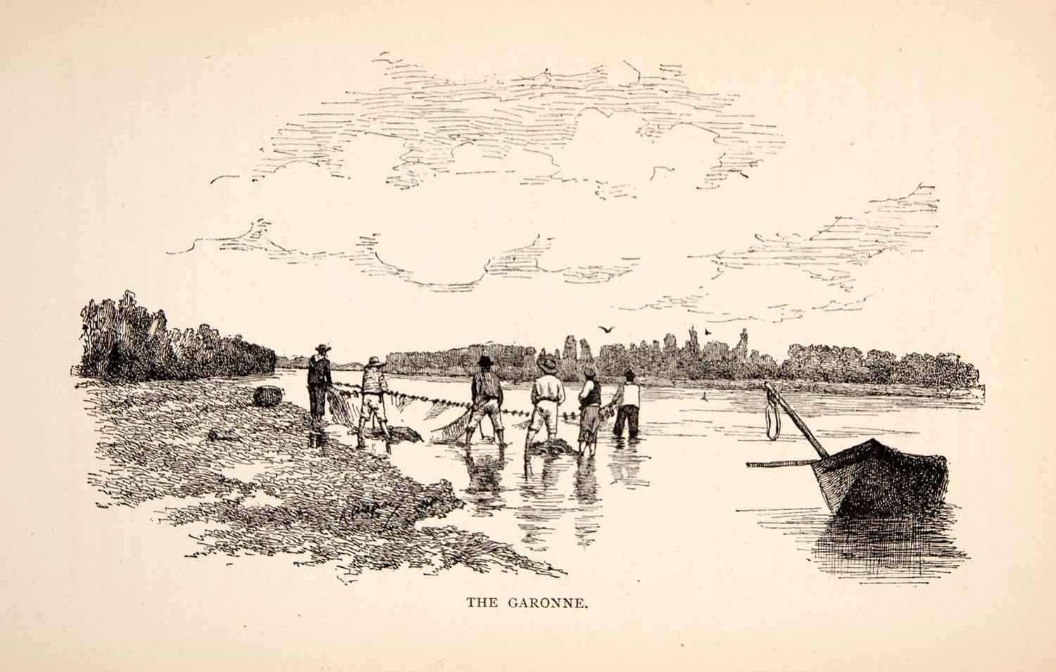 1894 Wood Engraving France Fishing Garonne River Art Net Boat Shore XGJA8