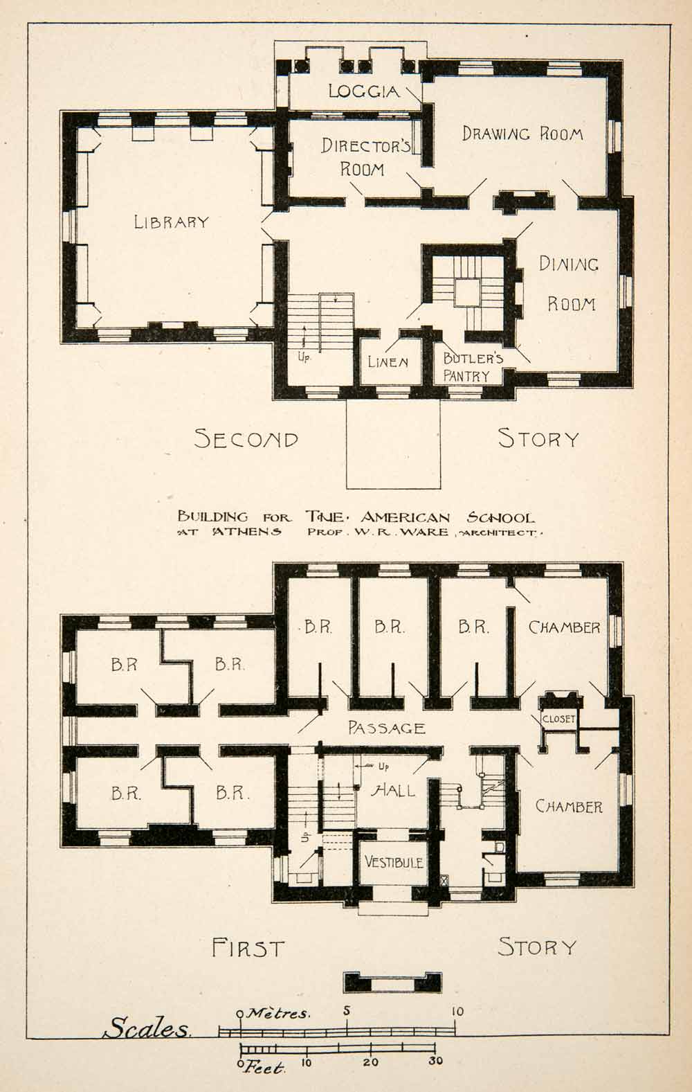 1889 Lithograph Floor Plan Layout Design American School Athens Greece W.R XGJB2