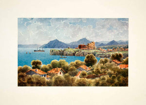 1906 Color Print Castro Uridales Bilbao Spain Coastline Ocean Boat Church XGJB3