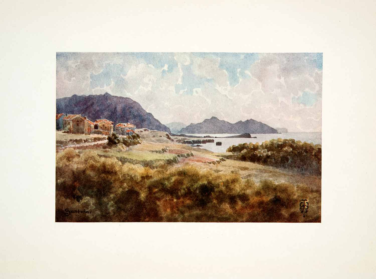 1906 Color Print Wigram Santona Spain Coast Ocean Mountains Landscape XGJB3