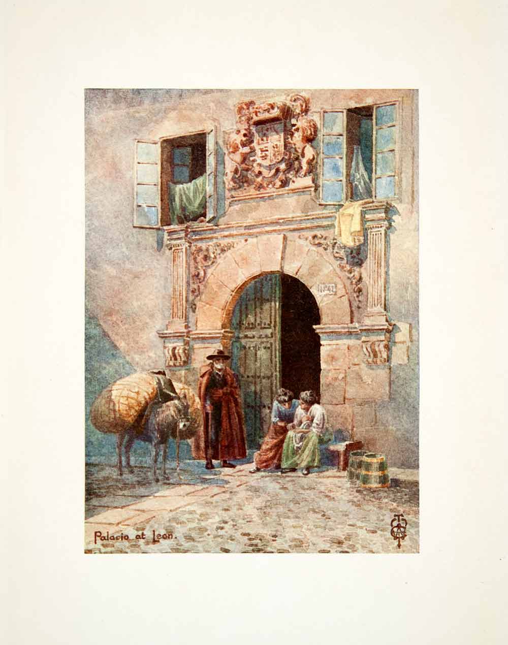 1906 Color Print Leon Spain Palace Doorway Palacio Donkey Burro Espana XGJB3