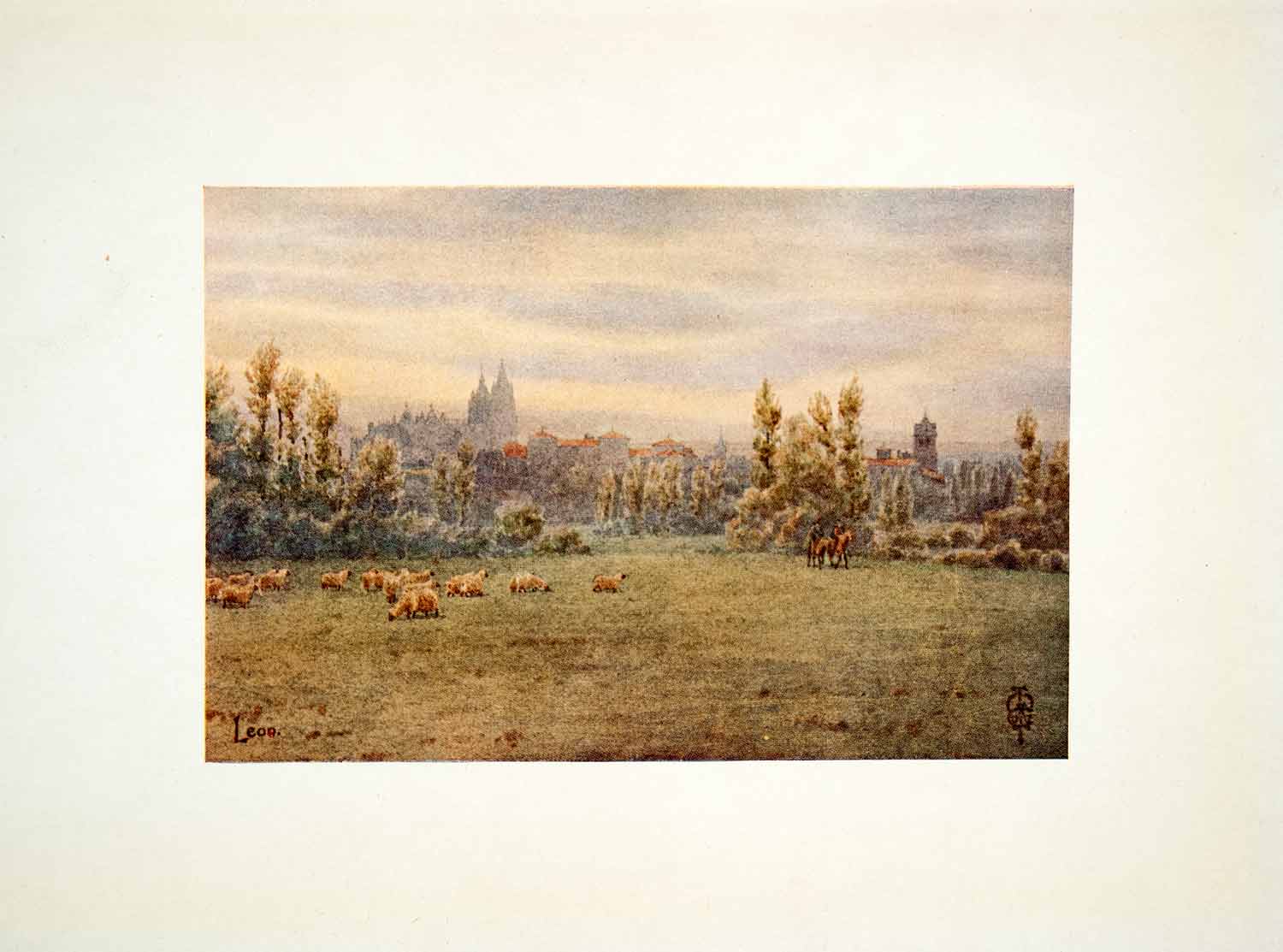 1906 Color Print Leon Spain Cityscape Sheep Herd Shepherd Landscape Field XGJB3