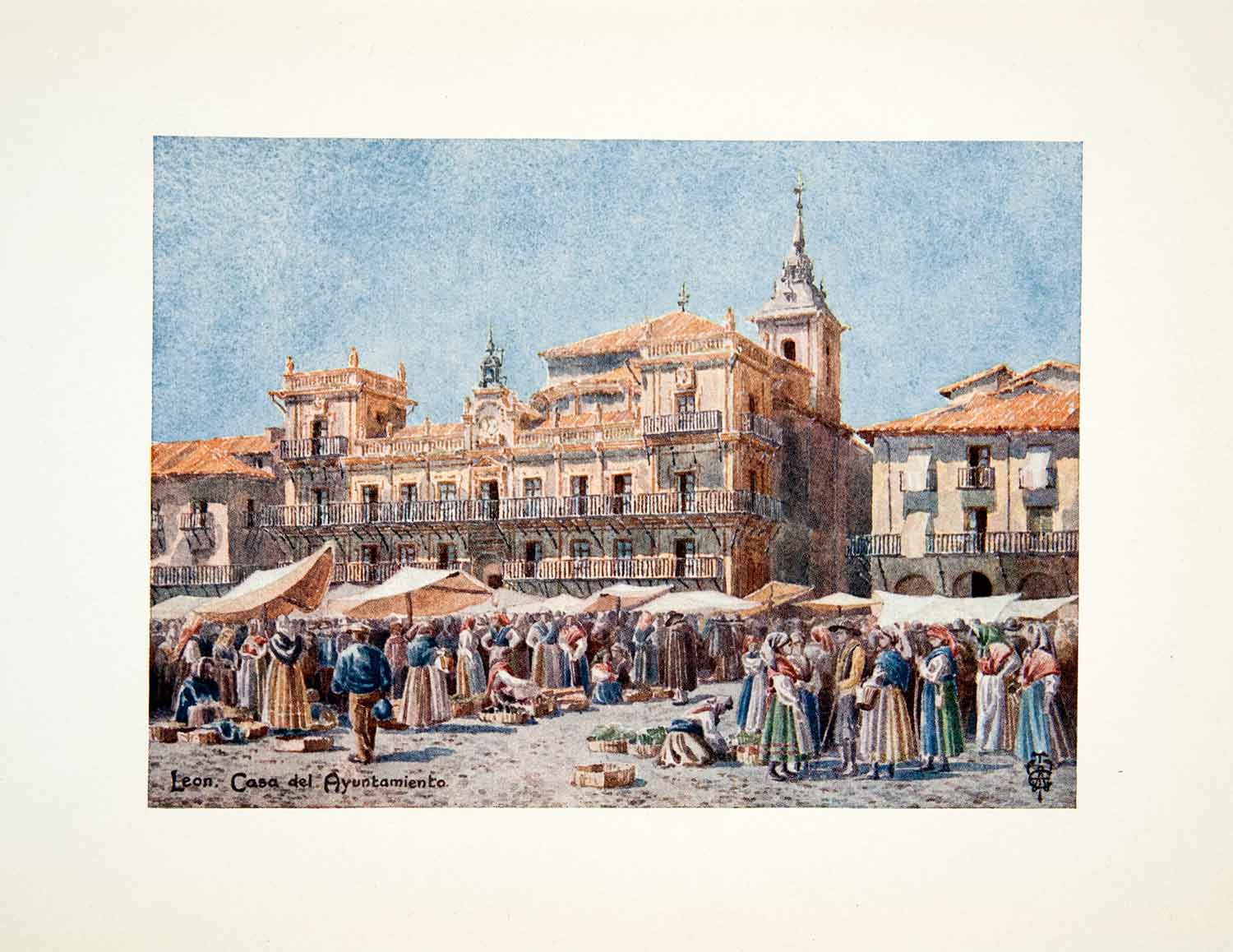 1906 Color Print Leon Spain Marketplace Casa Ayuntamiento Council Vendor XGJB3