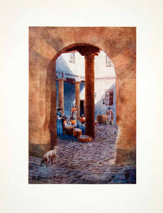 1906 Color Print Wigram Spain Patio Courtyard Archway Column Dog Women XGJB3