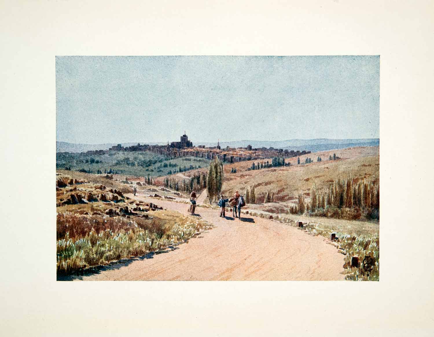 1906 Color Print Wigram Avila Spain Castile Leon Cityscape Donkey Road XGJB3