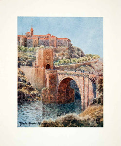 1906 Color Print Wigram Puente Bridge Alcantara Spain Toledo Archway Tower XGJB3